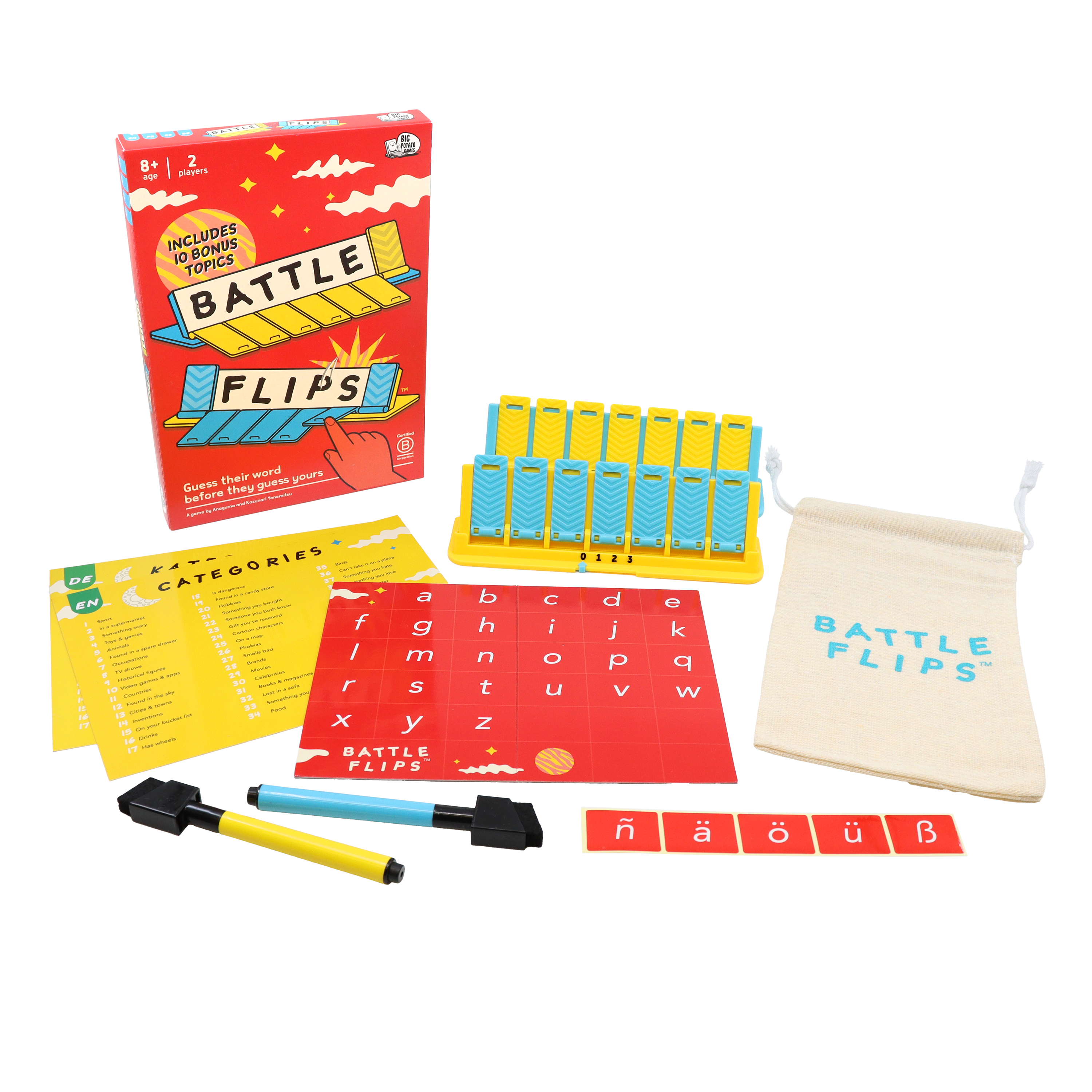 The Battle Flips game box is shown with its contents, including the flip-board game base, alphabet board, category sheets, drawstring bag, markers, and extra letter tiles.