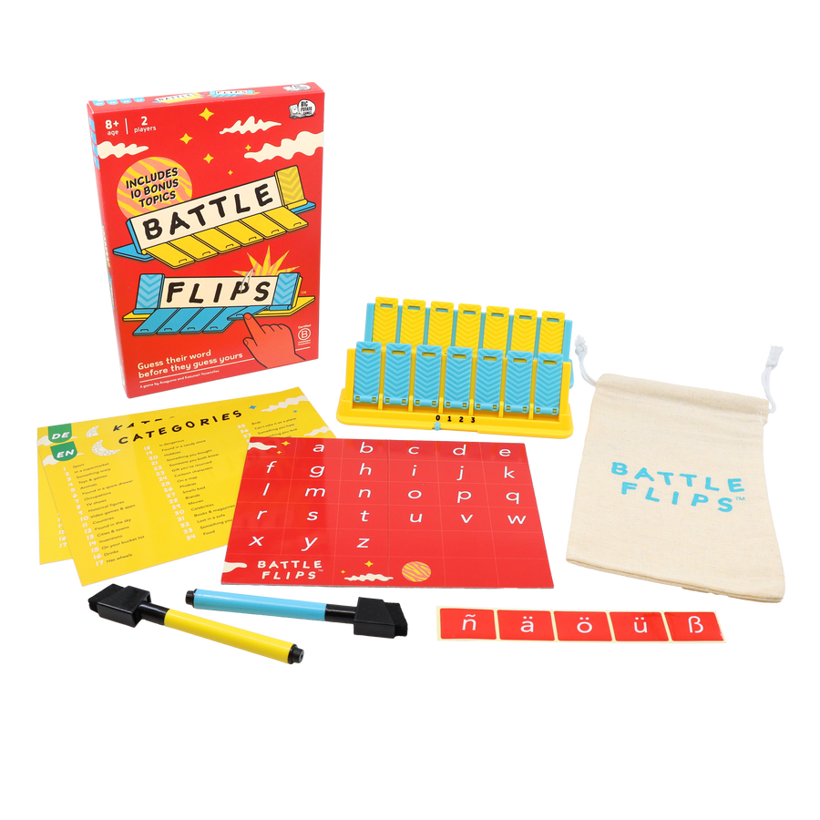 The Battle Flips game box is shown with its contents, including the flip-board game base, alphabet board, category sheets, drawstring bag, markers, and extra letter tiles.