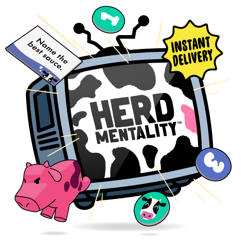 A stylized cartoon graphic for Herd Mentality Digital, featuring a retro television with cow-print screen content and a yellow 'Instant Delivery' burst.