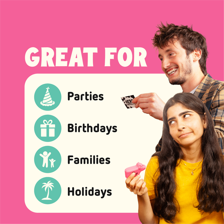 A graphic with a bright pink background and the text 'GREAT FOR' above a list including Parties, Birthdays, Families, and Holidays. Two people are shown on the right, one holding a small black-and-white card and the other holding a pink cow.
