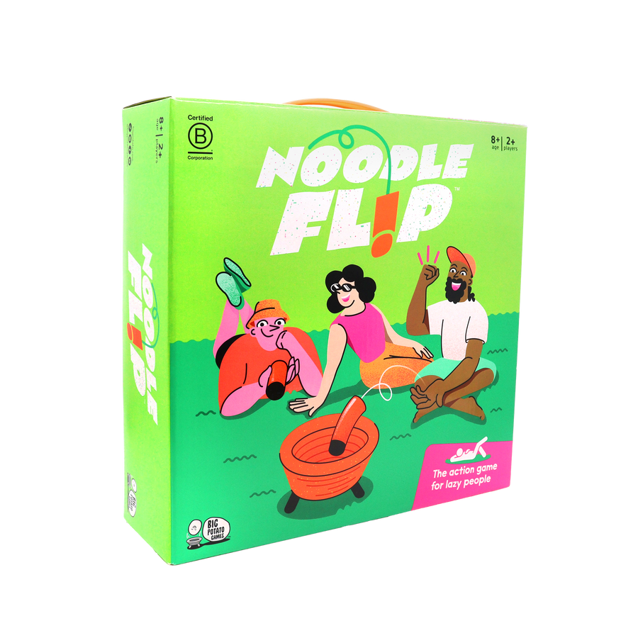 The Noodle Flip game box is shown against a black background, with bright green packaging and illustrated players lounging on grass while flipping orange foam noodles into a target bowl.