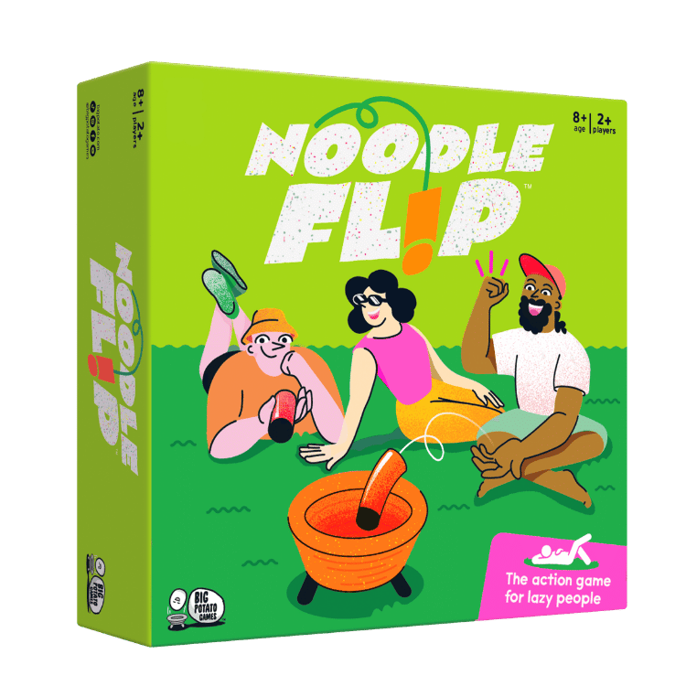 Noodle Flip board game box in bright lime green with illustrated cartoon people lounging around a bowl of noodles and a hanging noodle game piece.