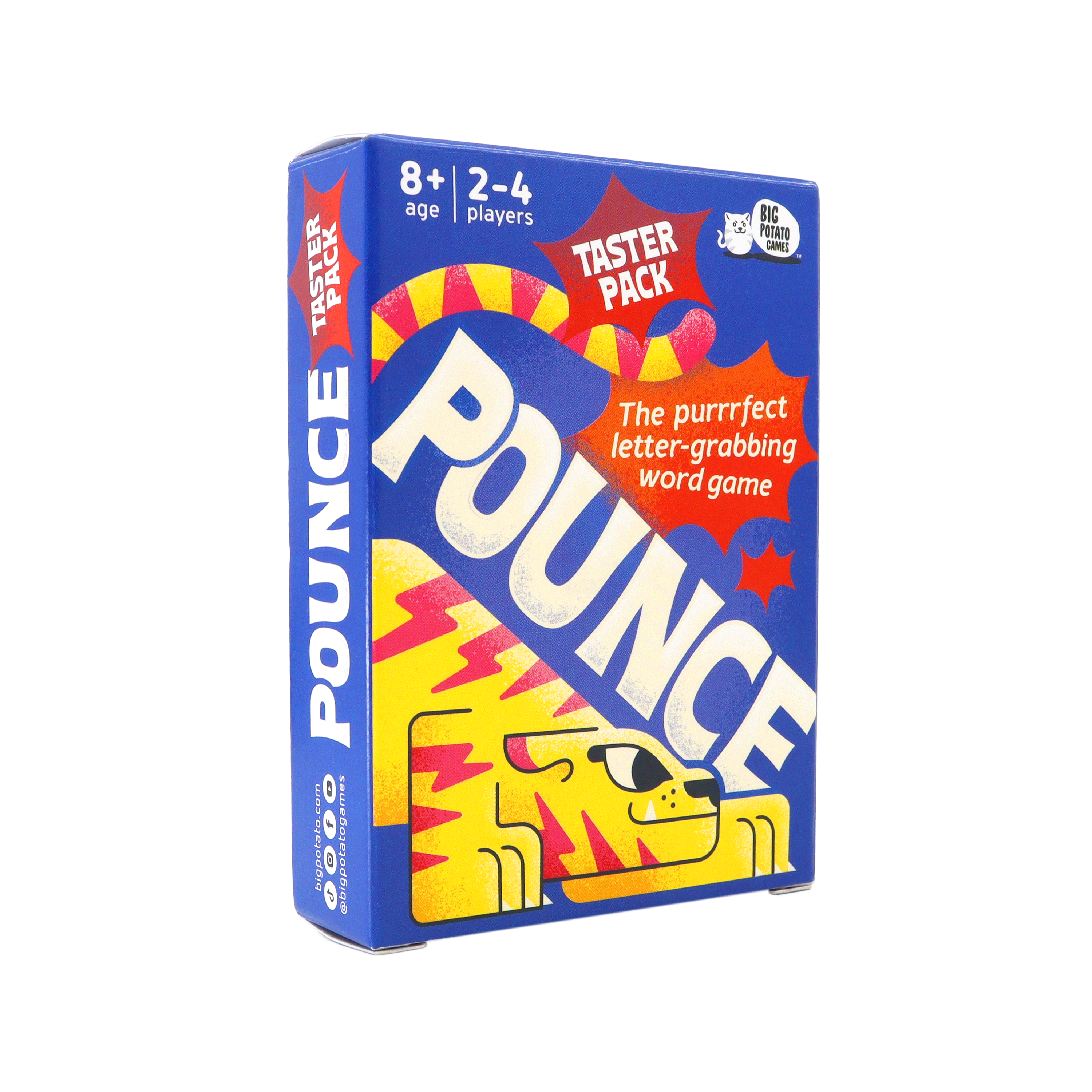 The Pounce taster pack box is shown against a black background, with bright blue packaging, a yellow cat illustration, and text describing it as “the purrrfect letter-grabbing word game.”