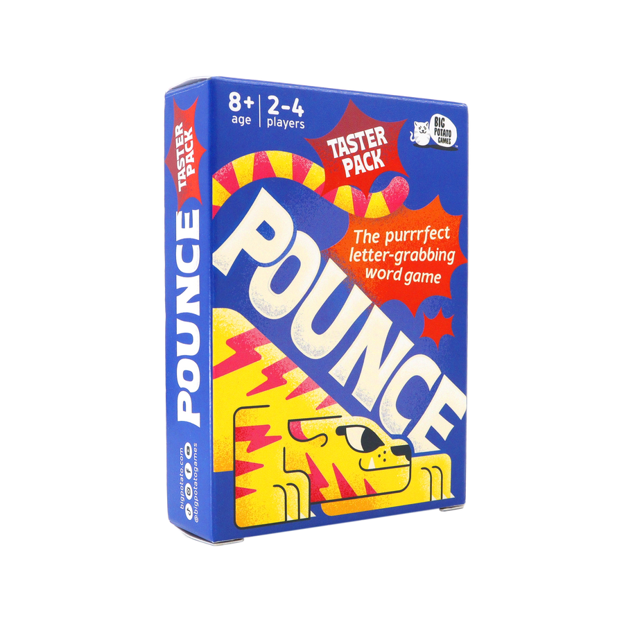 The Pounce taster pack box is shown against a black background, with bright blue packaging, a yellow cat illustration, and text describing it as “the purrrfect letter-grabbing word game.”