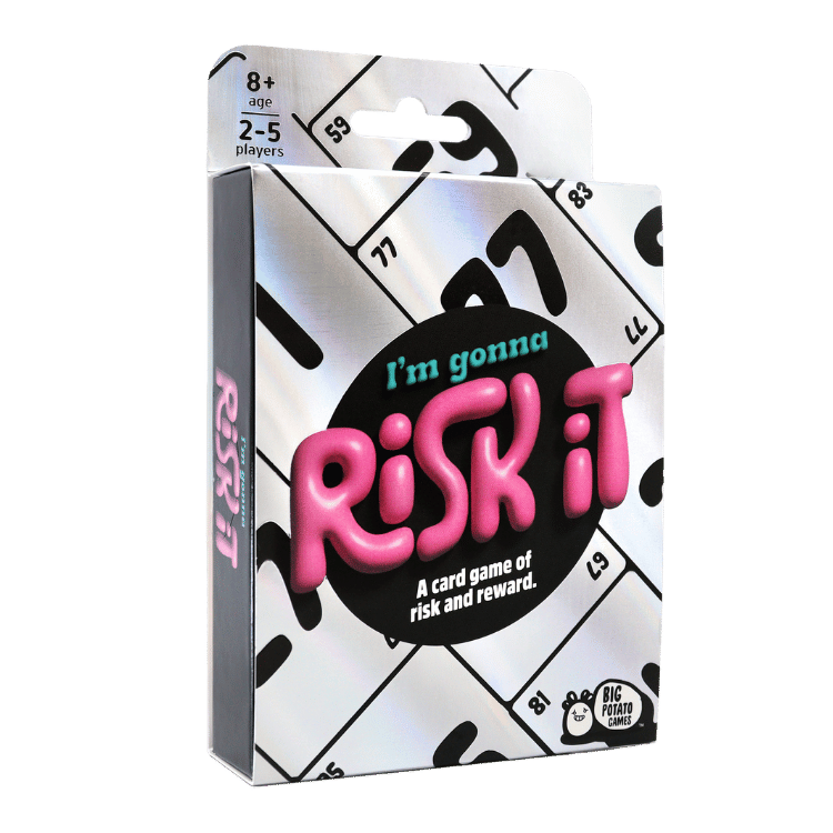 'Risk It' box, featuring a metallic background with black crossword-style grids and large pink 3D lettering.