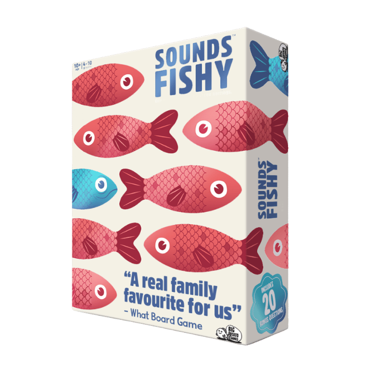 The board game box for 'Sounds Fishy' featuring a cream-colored background decorated with red and blue illustrated fish. The front of the box displays the title in bold blue letters and a quote from What Board Game.