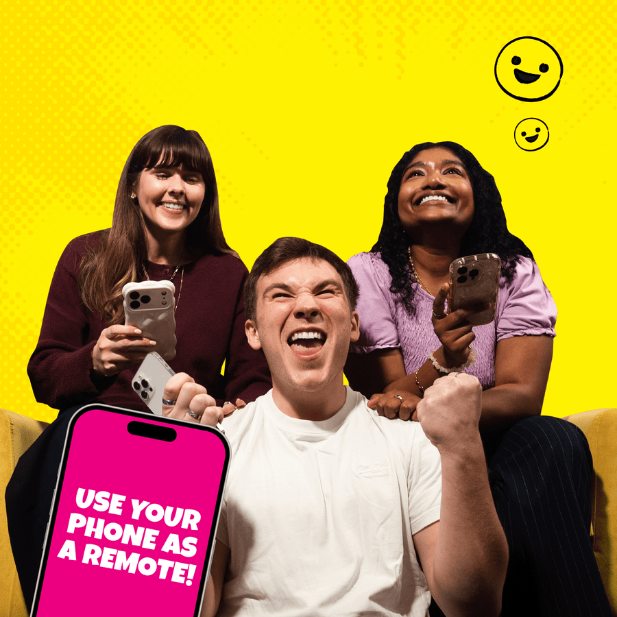 Three people holding their phones looking excited and a phone screen facing us with " Use your phone as a remote" on it