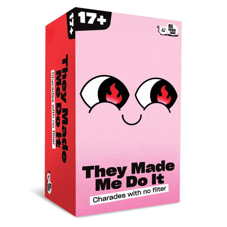 'They Made Me Do It' box with a pink front panel, red side panel, and cartoon eyes with red flames. 