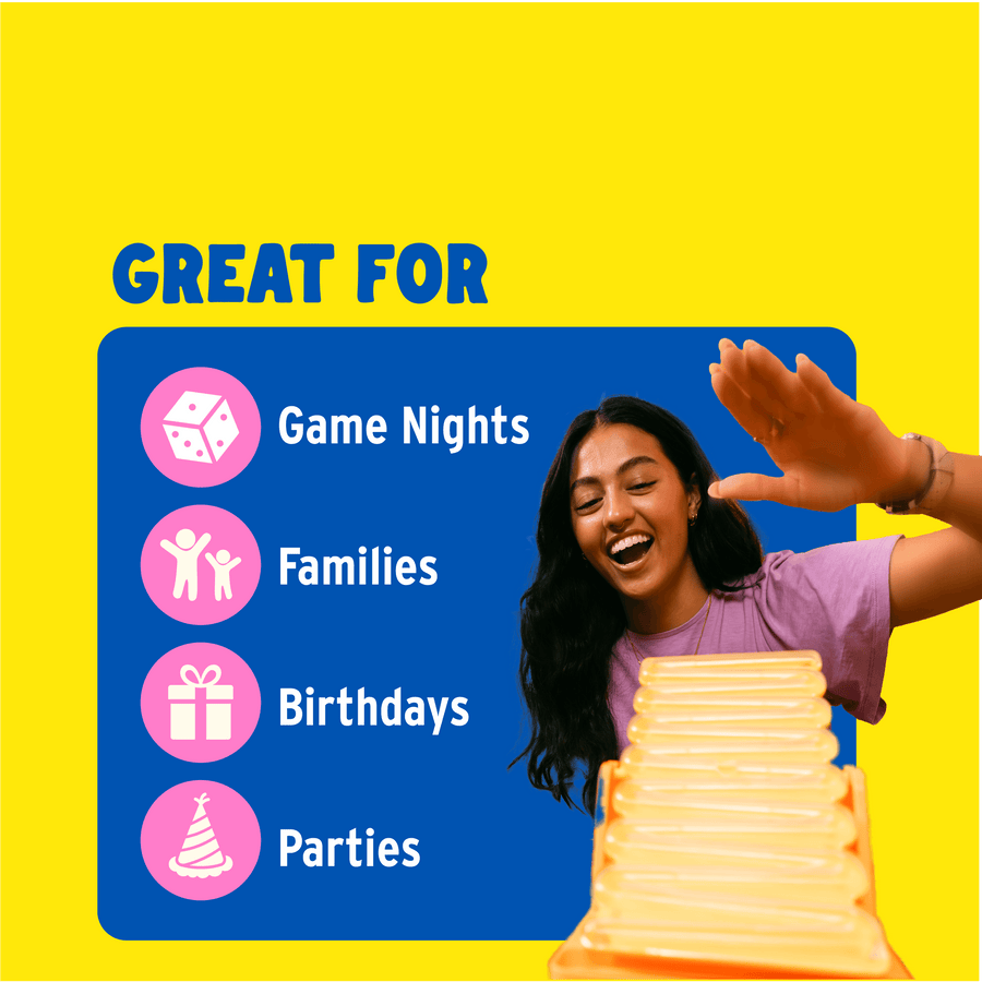 A promotional graphic with a bright yellow background, blue 'GREAT FOR' text, and a blue panel listing use cases: Game Nights, Families, Birthdays, and Parties. A smiling woman in a purple shirt features on the right.
