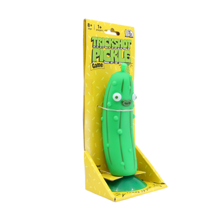 Trickshot Pickle in bright yellow packaging. Ages 8+ for 1+ Players