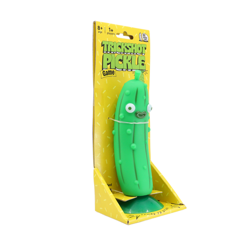 Trickshot Pickle in bright yellow packaging. Ages 8+ for 1+ Players