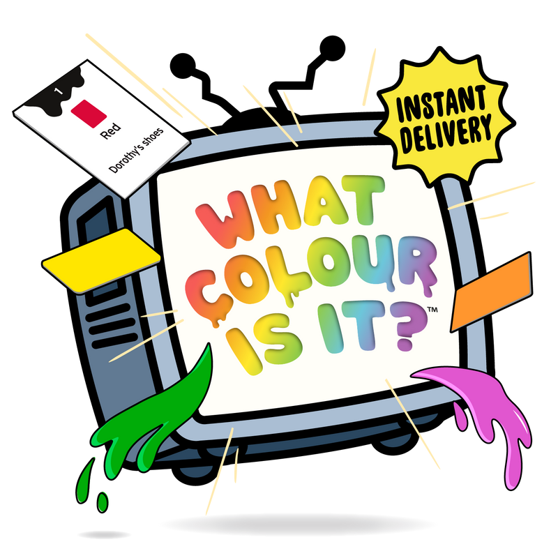 A colorful cartoon-style graphic with a retro television showing the text 'WHAT COLOUR IS IT?' in rainbow letters, plus a yellow burst that says 'INSTANT DELIVERY' and paint-splatter accents in green, pink, orange, and yellow on a white background.