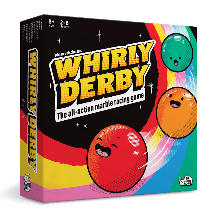 Whirly Derby board game box, featuring a black background with large yellow title text and colorful cartoon marble race balls in red, orange, green, and pink, plus rainbow swirls.