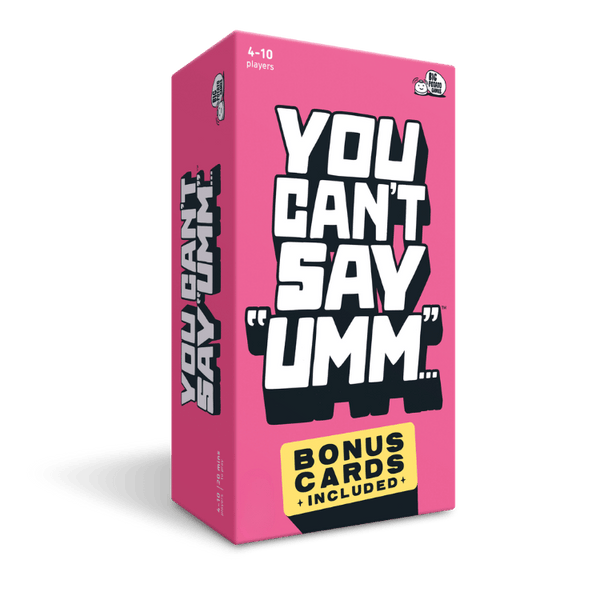 A pink box of 'You Can't Say Umm' cards, featuring bold white and black text on the front and spine, with a yellow 'Bonus Cards Included' label near the bottom.