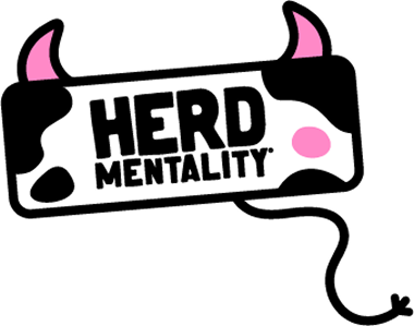 Cow themed icon that says "Herd Mentality"